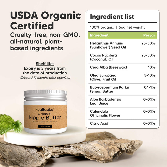 USDA Organic Certified
Cruelty-free, non-GMO, all-natural, plant-based ingredients

Ingredient list (100% organic | 5g net weight):

Helianthus Annuus (Sunflower) Seed Oil – 25–50%
Cocos Nucifera (Coconut) Oil – 25–50%
Cera Alba (Beeswax) – 10–25%
Olea Europaea (Olive) Fruit Oil – 5–10%
Butyrospermum Parkii (Shea Butter) – 0.1–1%
Aloe Barbadensis Leaf Juice – 0.01–0.1%
Calendula Officinalis Flower – 0.01–0.1%
Citric Acid – 0.01%

Shelf life: Expiry is 3 years from date of production
(Discard 12