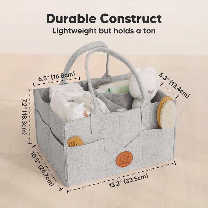 Durable Construct
Lightweight but holds a ton

Dimensions shown:

Length: 13.2" (33.5 cm)
Width: 10.5" (26.7 cm)
Height: 7.2" (18.3 cm)
Handle drop / inner section: 6.5" (16.8 cm)
Side pocket height: 5.3" (13.4 cm)