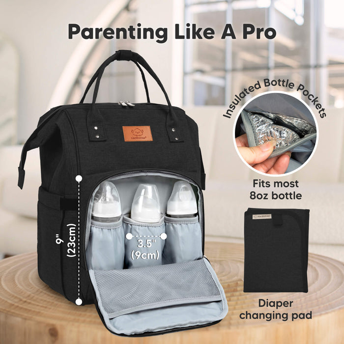 Parenting Like A Pro, Insulated Bottle Pockets, Fits most 8oz bottle, Diaper changing pad with dimensions of 9inches by 3.5 inches or 23cm by 9cm