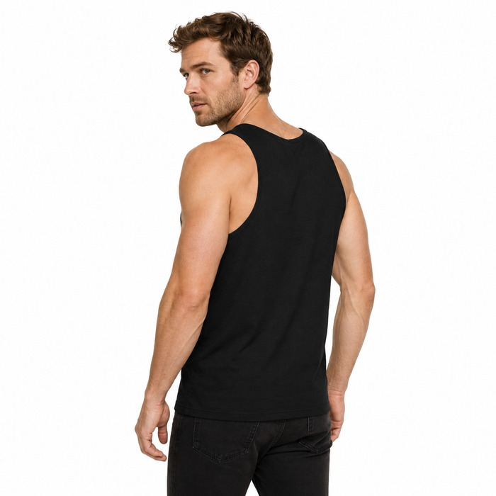Close view of the Own Your Chaos print on a unisex tank top, highlighting the statement design and clean jersey construction.