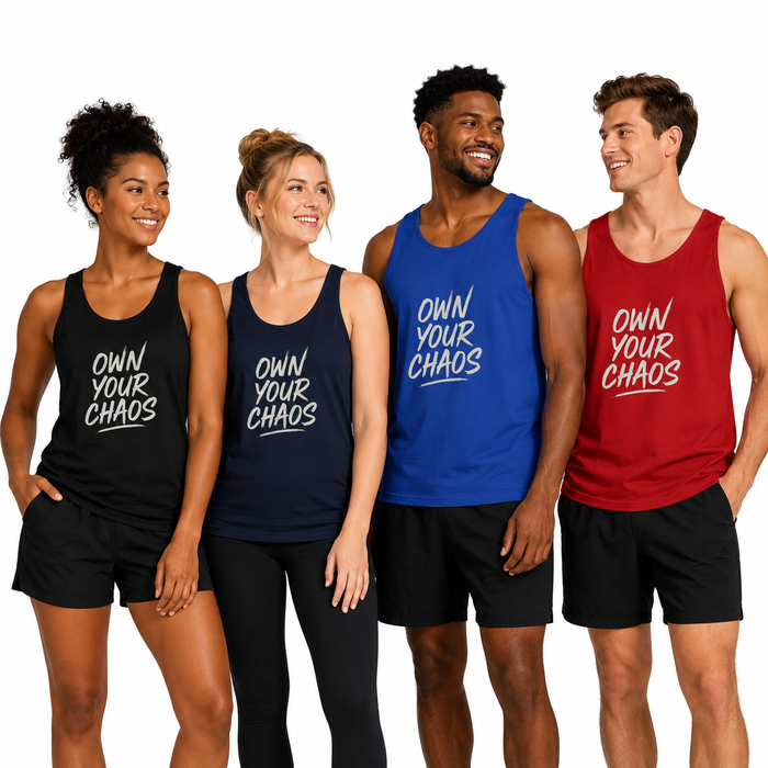 Four models wearing athletic tank tops in black, navy, blue, and red, each with the slogan 'OWN YOUR CHAOS' printed in white across the chest, paired with black shorts against a plain white background.