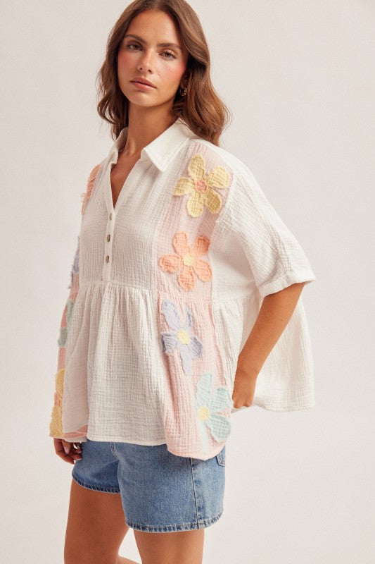 Pastel Patchwork Floral Gauze Top-Cute-Trendy-Shop-Womens-Boutique-Clothing-Store