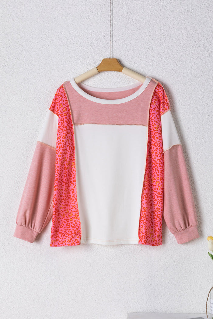 Peach Blossom Leopard Colourblock Patchwork Exposed Seam Top - Tops/Long Sleeve Tops