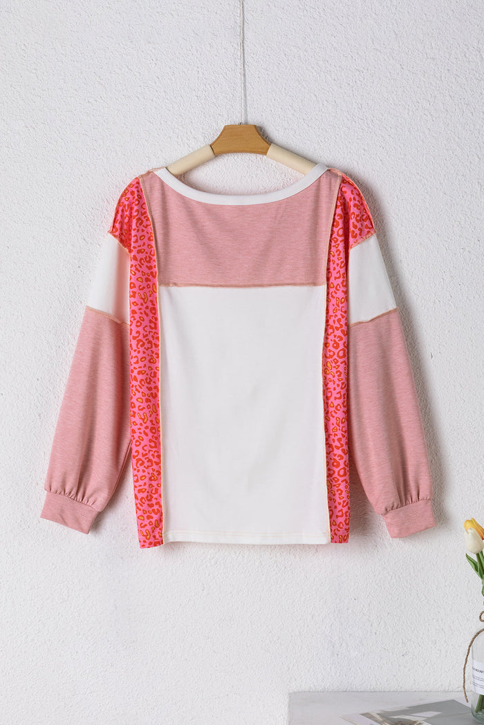 Peach Blossom Leopard Colourblock Patchwork Exposed Seam Top - Tops/Long Sleeve Tops