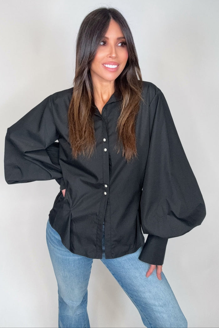 Style the Pearl Button Down Puff Blouse exclusively at Born To Glam