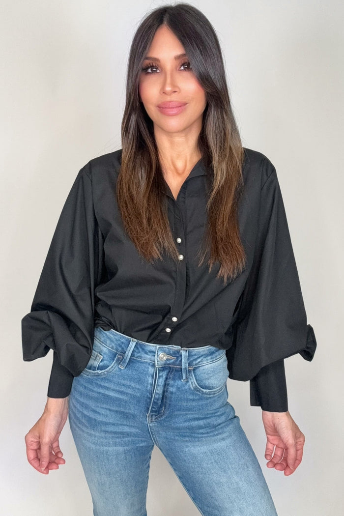 Style the Pearl Button Down Puff Blouse exclusively at Born To Glam