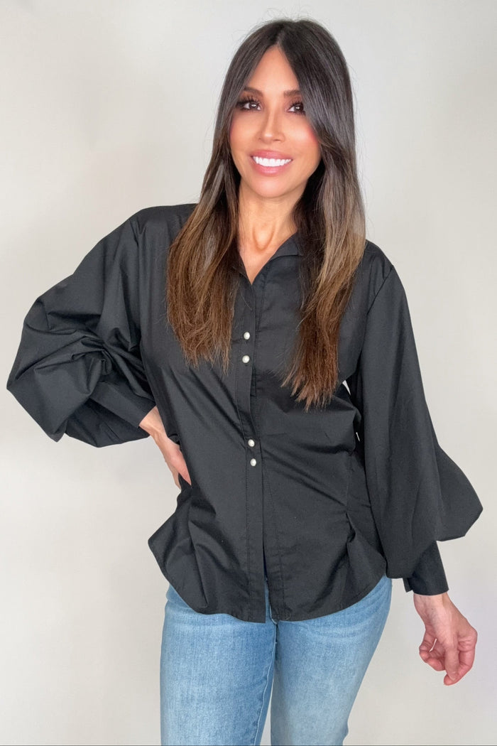 Style the Pearl Button Down Puff Blouse exclusively at Born To Glam