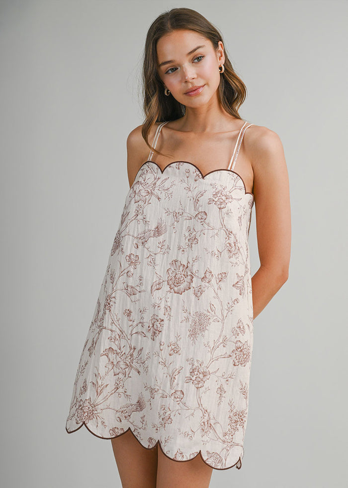 Penny Floral Scallop Mini Dress - Brown