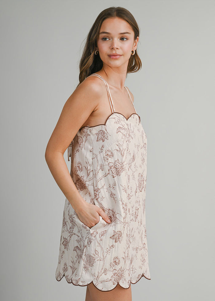 Penny Floral Scallop Mini Dress - Brown