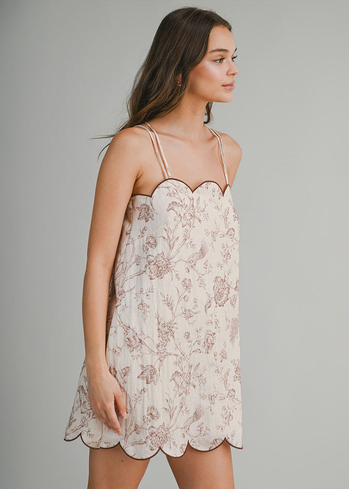 Penny Floral Scallop Mini Dress - Brown