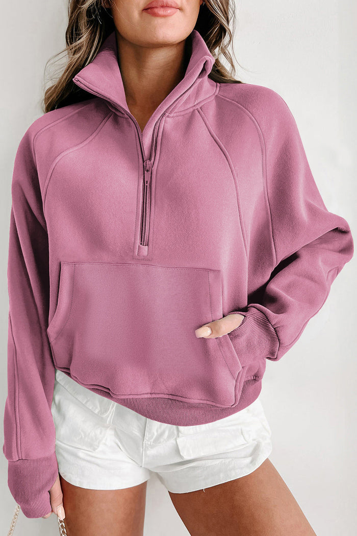 Phalaenopsis Fleece Lined Zip Up Stand Collar Thumbhole Sleeve Sweatshirt - Tops/Sweatshirts & Hoodies