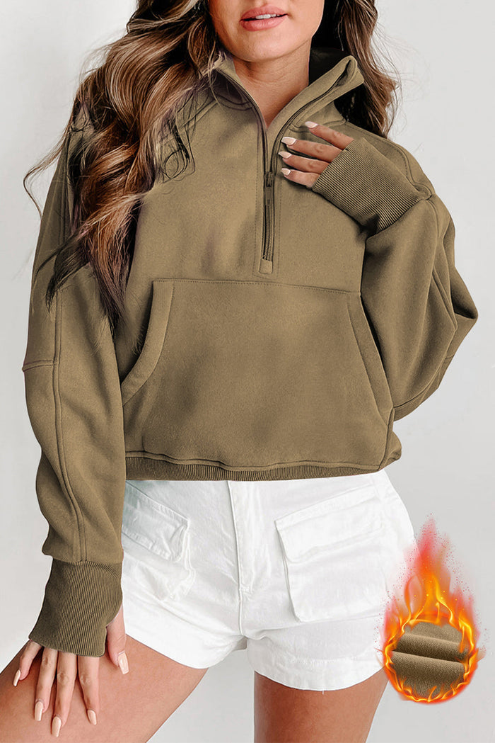 Phalaenopsis Fleece Lined Zip Up Stand Collar Thumbhole Sleeve Sweatshirt - ELMWOOD / S / 50% POLYESTER + 50% COTTON