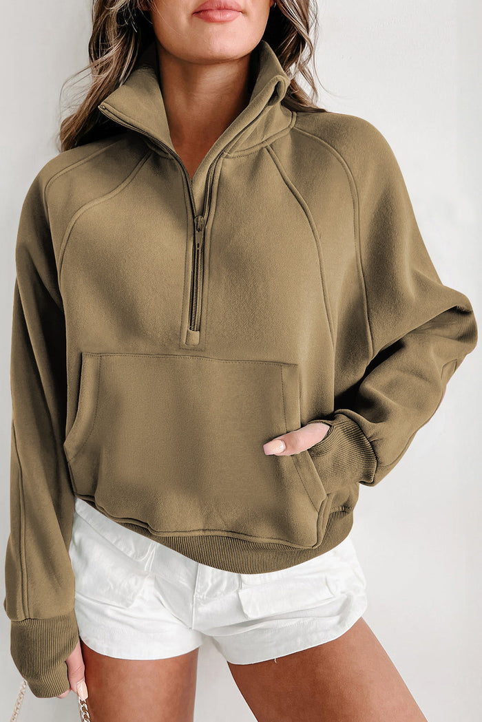 Phalaenopsis Fleece Lined Zip Up Stand Collar Thumbhole Sleeve Sweatshirt - Tops/Sweatshirts & Hoodies
