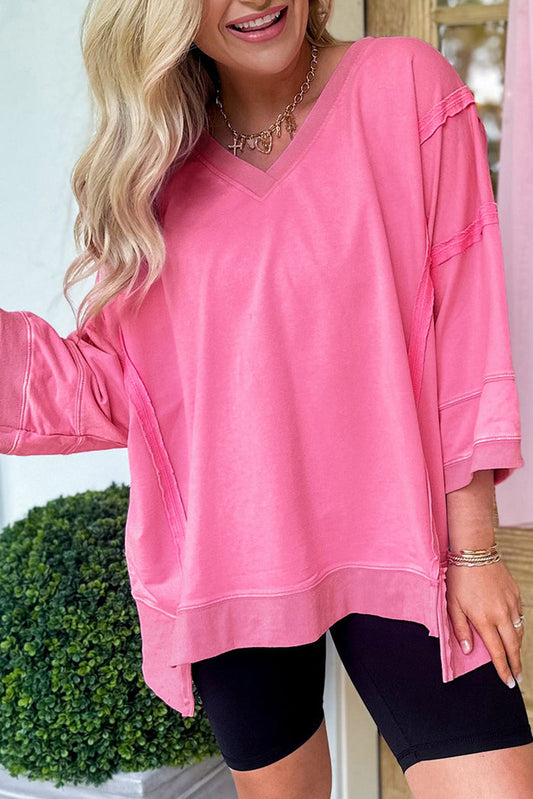 Pink Bracelet Sleeve Mineral Washed V Neck T Shirt - BONBON / S / 75% POLYESTER + 20% COTTON + 5% ELASTANE - Tops/Long