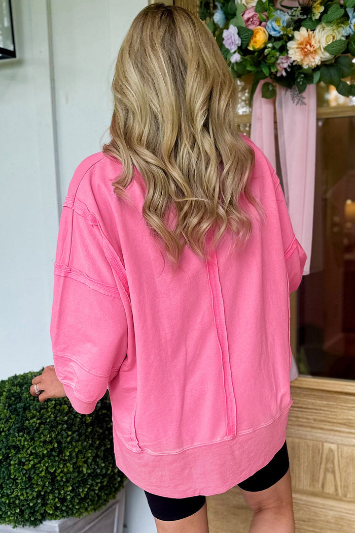 Pink Bracelet Sleeve Mineral Washed V Neck T Shirt - Tops/Long Tops