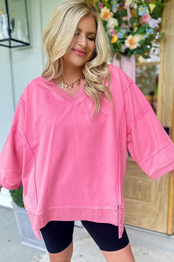 Pink Bracelet Sleeve Mineral Washed V Neck T Shirt - Tops/Long Tops