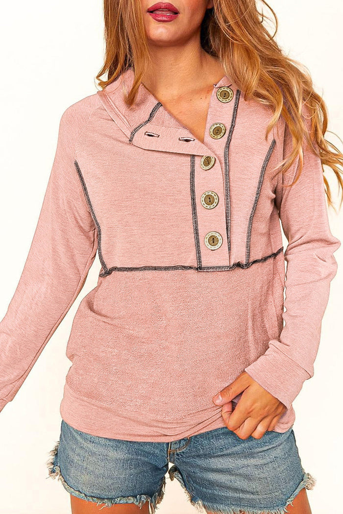 Pink Buttons Front Princess Line Out Seam Hoodie - PINK / S / 60% POLYESTER + 35% VISCOSE + 5% ELASTANE