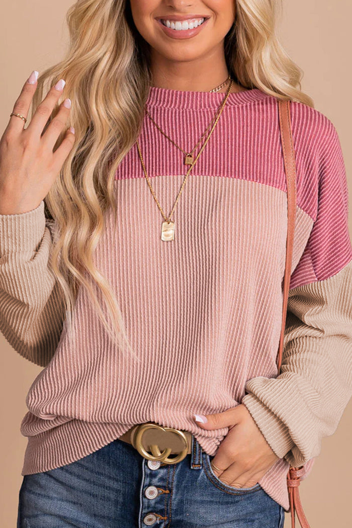 Pink Colour Block Long Sleeve Ribbed Loose Top - Tops/Long Tops