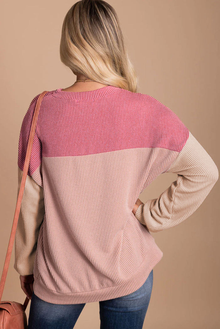 Pink Colour Block Long Sleeve Ribbed Loose Top - Tops/Long Tops