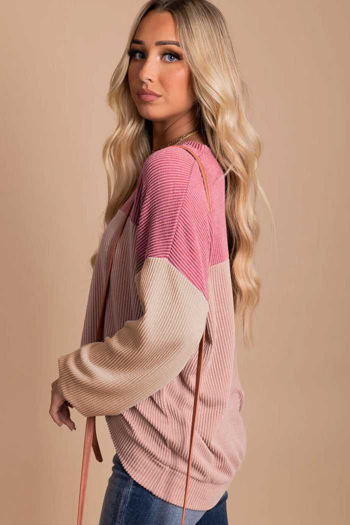 Pink Colour Block Long Sleeve Ribbed Loose Top - Tops/Long Tops