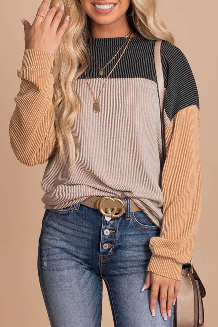Pink Colour Block Long Sleeve Ribbed Loose Top - BLACK / S / 75% POLYESTER + 20% VISCOSE + 5% ELASTANE - Tops/Long Tops