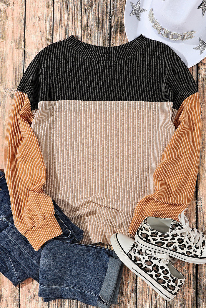 Pink Colour Block Long Sleeve Ribbed Loose Top - Tops/Long Tops
