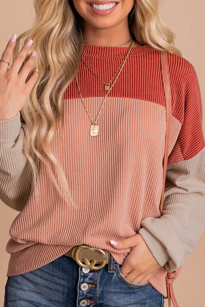 Pink Colour Block Long Sleeve Ribbed Loose Top - RED / S / 75% POLYESTER + 20% VISCOSE + 5% ELASTANE - Tops/Long Tops