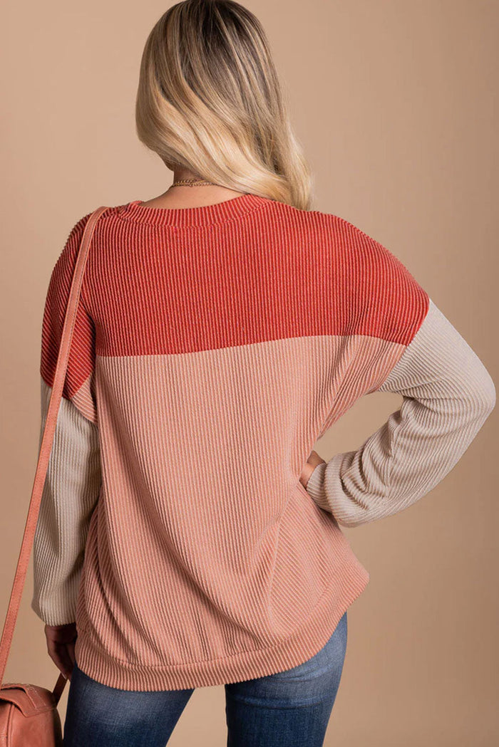 Pink Colour Block Long Sleeve Ribbed Loose Top - Tops/Long Tops