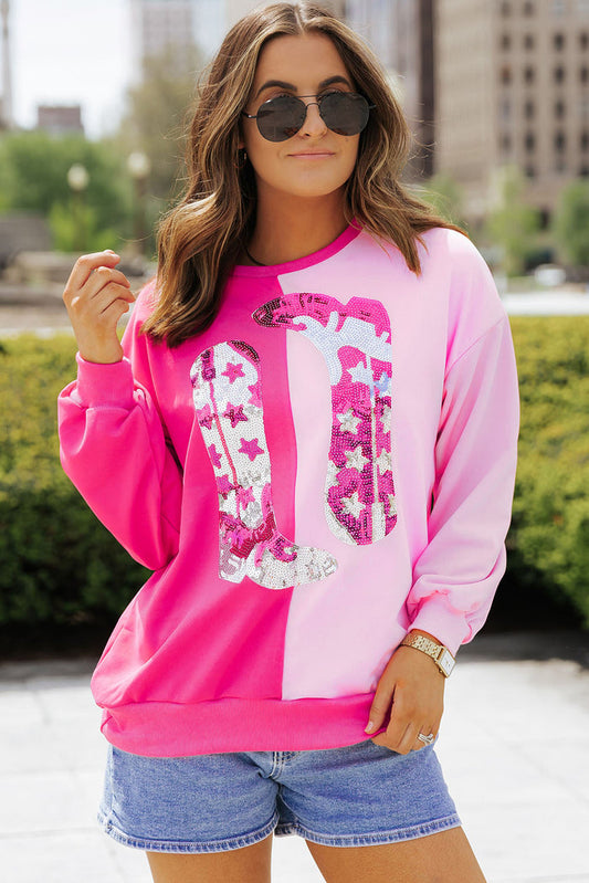 Pink Colour Block Sequined Cowgirl Boots Graphic Sweatshirt - PINK / S / 65% POLYESTER + 35% COTTON - Tops/Sweatshirts