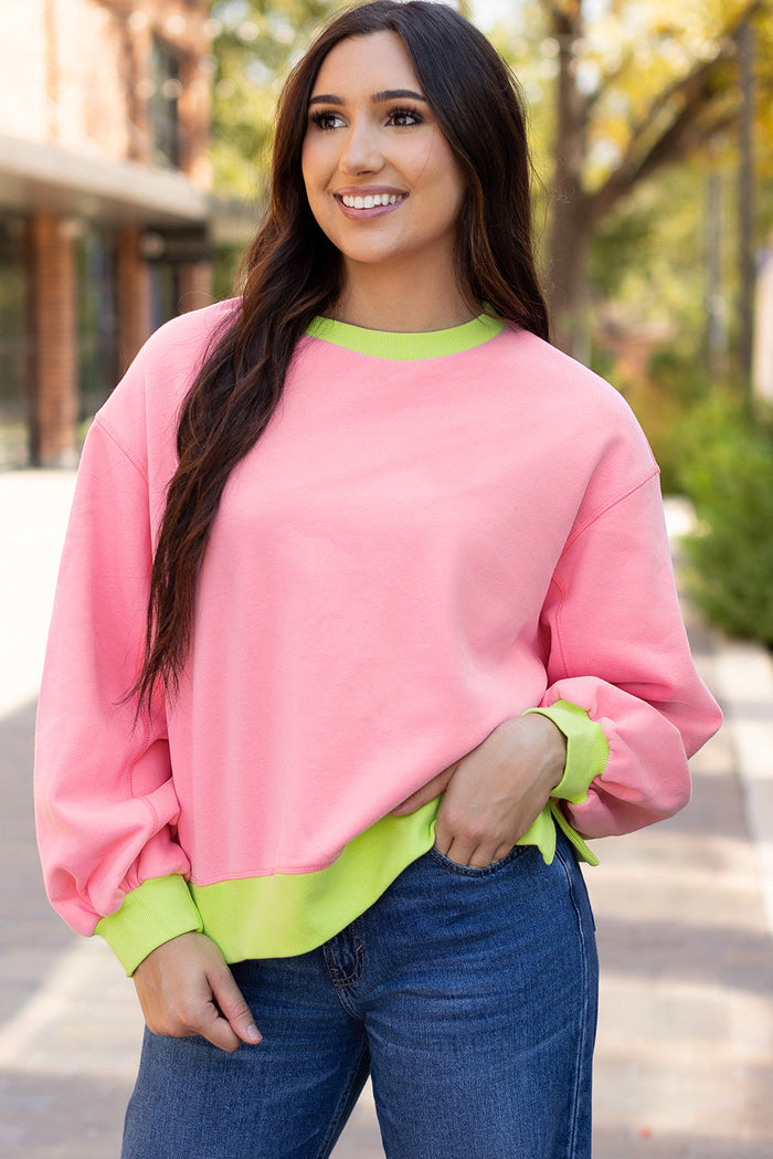 Pink Colourblock Bubble Sleeve Sweatshirt - PINK / S / 50% POLYESTER + 50% COTTON - Tops/Sweatshirts & Hoodies