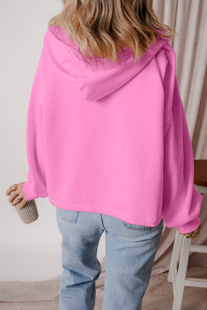 Pink Fleece Lined Half Zipper Kangaroo Pockets Loose Hoodie - Tops/Sweatshirts & Hoodies
