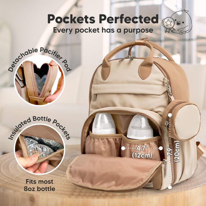 Pockets Perfected
Every pocket has a purpose

Detachable pacifier pod
Insulated bottle pockets
Fits most 8oz bottle