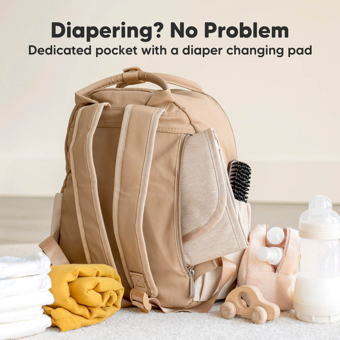 Diapering? No Problem
Dedicated pocket with a diaper changing pad