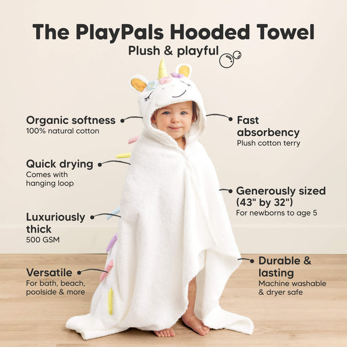 The PlayPals Hooded Towel
Plush & playful

Organic softness
100% natural cotton
Quick drying
Comes with hanging loop
Luxuriously thick
500 GSM
Versatile
For bath, beach, poolside & more
Fast absorbency
Plush cotton terry
Generously sized (43" x 32")
For newborns up to age 5
Durable & lasting
Machine washable & dryer safe