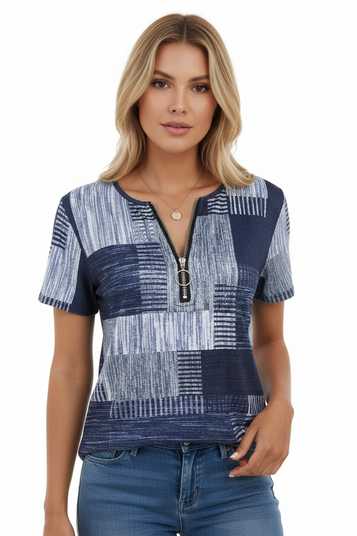 Plus size T shirt for women with geometric pattern and zipper detail shown in a clear product view for online product review.