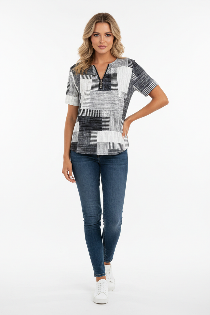 Women's plus size T shirt with zipper accent and geometric print shown in a clear product view for a detailed product review.