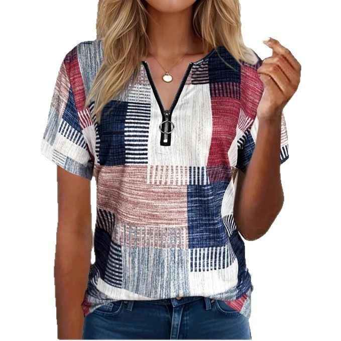 Women's plus size T shirt with geometric pattern and zipper detail shown in a close product view for a clear view of the top.