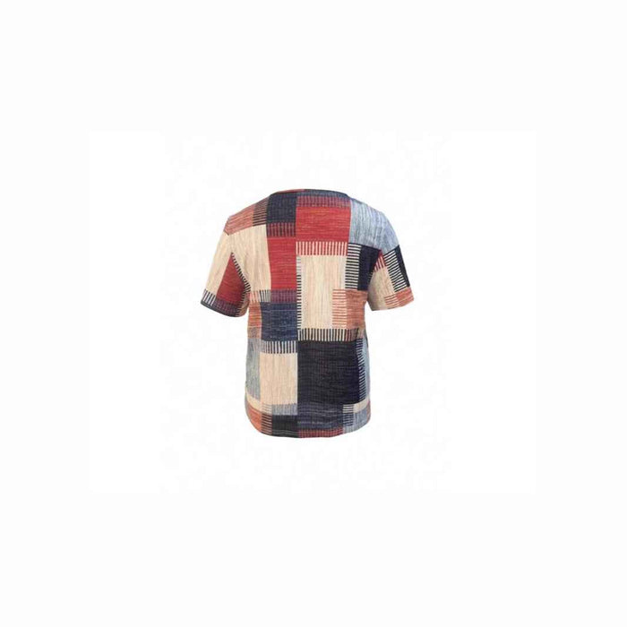 Plus size zipper T shirt for women with zipper accent and geometric print shown from the front for a detailed product review.