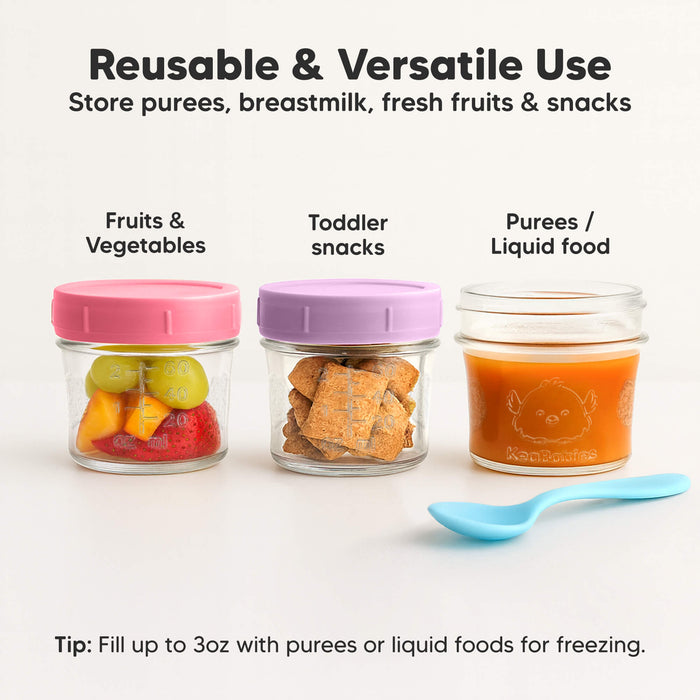 Reusable & Versatile Use, Store purees, breastmilk, fresh fruits & snacks, Fruits & Vegetables, Toddler snacks, Purees / liquid food, Tip: Fill up to 3oz with purees or liquid foods for freezing.
