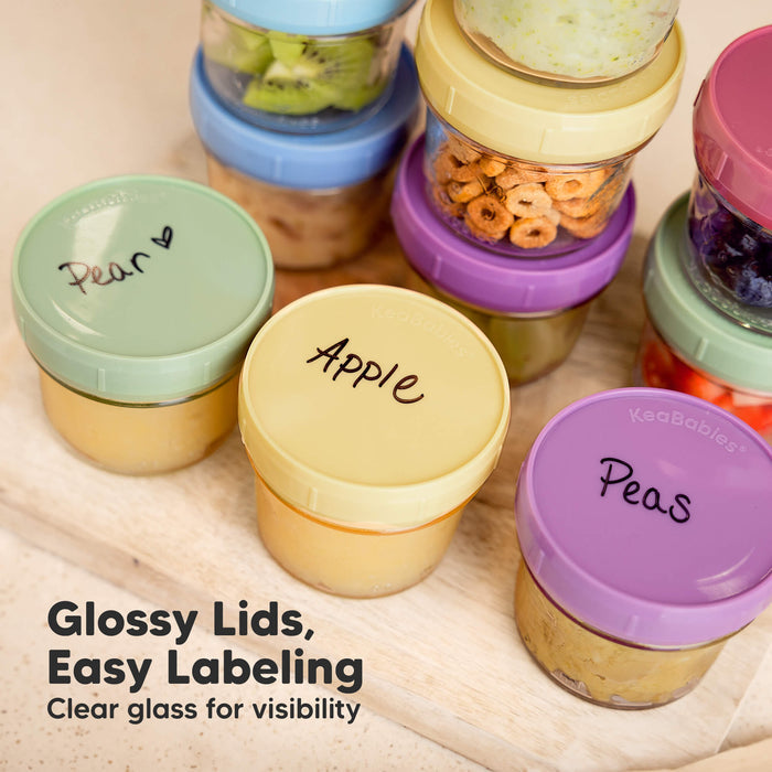 Glossy Lids, Easy Labeling, Clear glass for visibility.