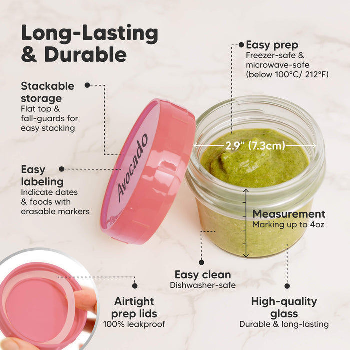 Long-Lasting & Durable, Stackable storage, Flat lids for easy stacking, Easy labeling, Airtight prep lids (100% leak-proof), Easy clean (dishwasher-safe), High-quality glass, Measurement markings up to 4oz.