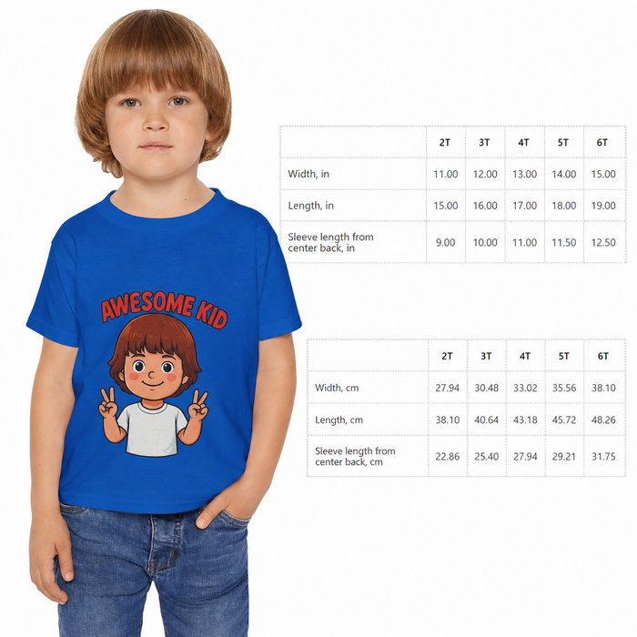 Printed children's t-shirt featuring an Awesome Kid message, medium-weight cotton fabric, and structured side seams for play.