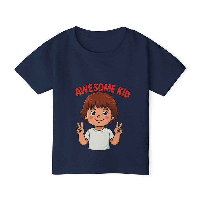 Mid-weight cotton toddler t-shirt with Awesome Kid graphic, twill tape at the neck and shoulders, and shape-supporting seams.