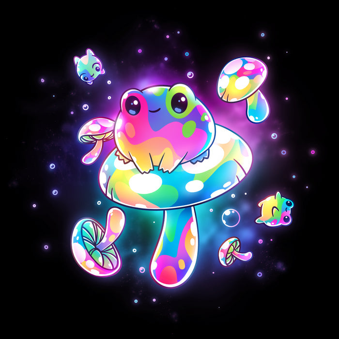 Premium Cotton T-shirt_TeeTurtle black Psychedelic Space Frogs apparel featuring a frog sitting on a giant mushroom surrounded by smaller frogs and mushrooms in vibrant, psychedelic colors floating in space.