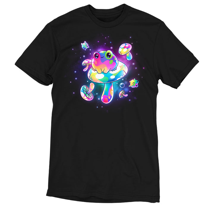Premium Cotton T-shirt_TeeTurtle black Psychedelic Space Frogs apparel featuring a frog sitting on a giant mushroom surrounded by smaller frogs and mushrooms in vibrant, psychedelic colors floating in space.