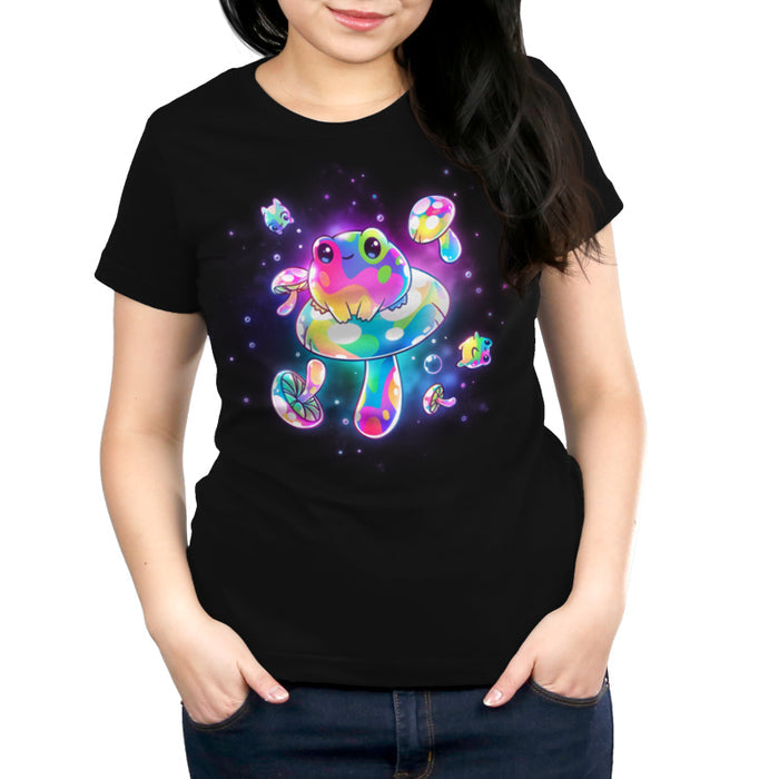 Premium Cotton T-shirt_TeeTurtle black Psychedelic Space Frogs apparel featuring a frog sitting on a giant mushroom surrounded by smaller frogs and mushrooms in vibrant, psychedelic colors floating in space.