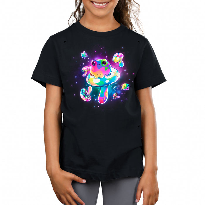 Premium Cotton T-shirt_TeeTurtle black Psychedelic Space Frogs apparel featuring a frog sitting on a giant mushroom surrounded by smaller frogs and mushrooms in vibrant, psychedelic colors floating in space.