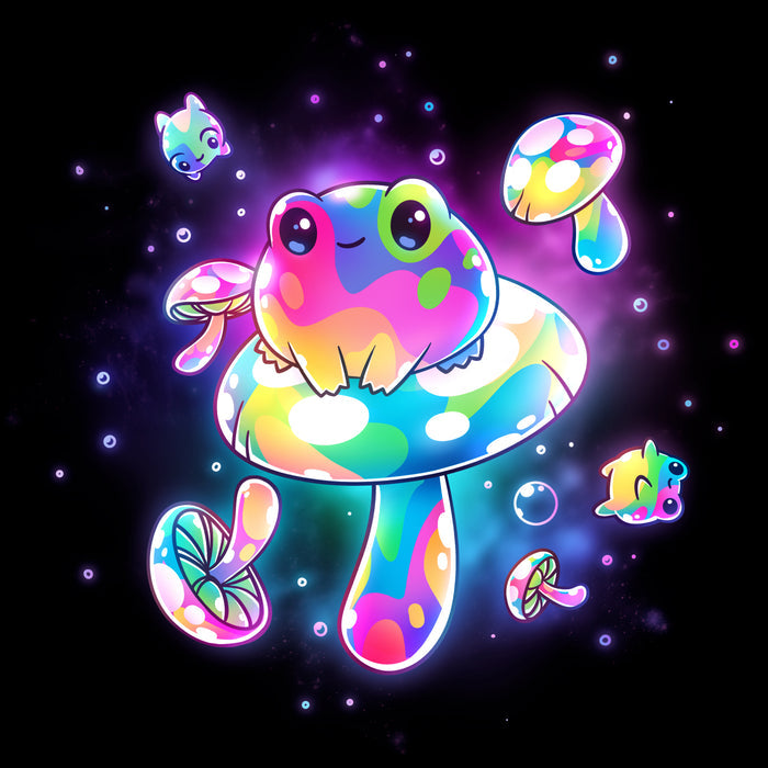 Classic Cotton T-shirt_TeeTurtle black Psychedelic Space Frogs apparel featuring a frog sitting on a giant mushroom surrounded by smaller frogs and mushrooms in vibrant, psychedelic colors floating in space.