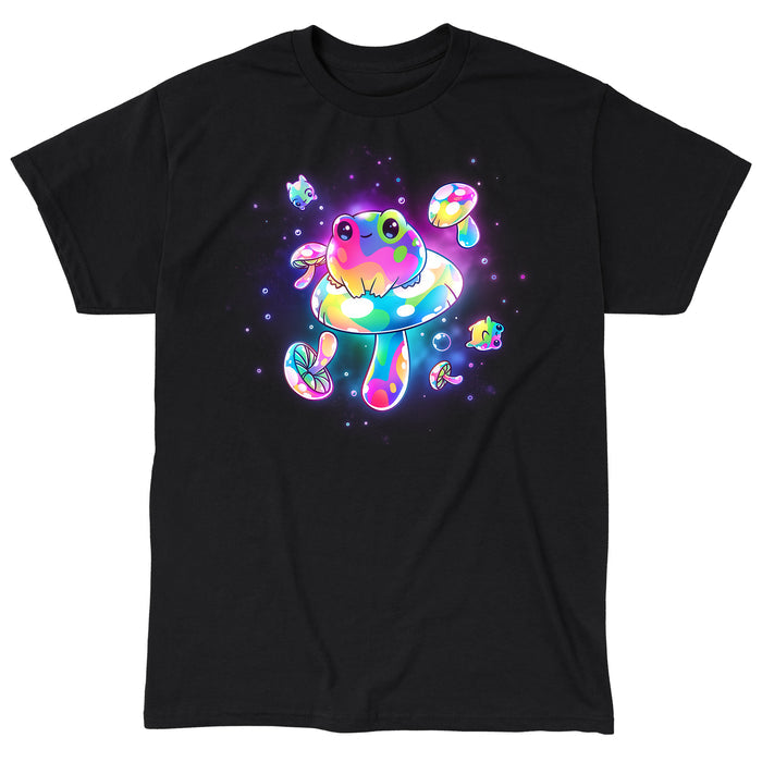 Classic Cotton T-shirt_TeeTurtle black Psychedelic Space Frogs apparel featuring a frog sitting on a giant mushroom surrounded by smaller frogs and mushrooms in vibrant, psychedelic colors floating in space.
