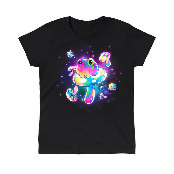 Classic Cotton T-shirt_TeeTurtle black Psychedelic Space Frogs apparel featuring a frog sitting on a giant mushroom surrounded by smaller frogs and mushrooms in vibrant, psychedelic colors floating in space.